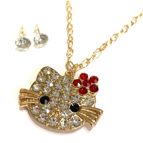 Hello Kitty Necklace Earrings Set Gold Tone Large Face Red Bow Rhinestones - Picture 2 of 3